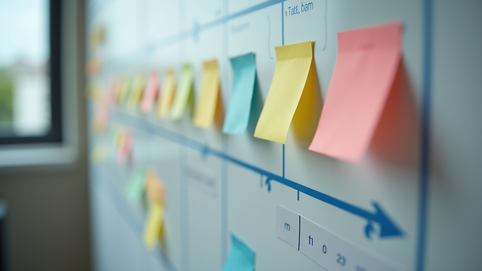 Close-up view of a project management board with sticky notes and timelines