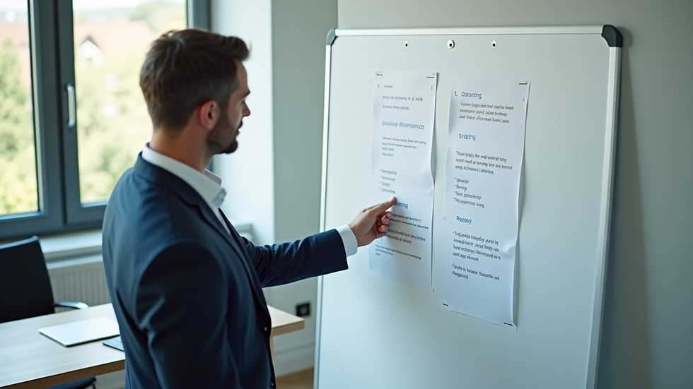 High angle view of a business consultant presenting a strategy on a whiteboard