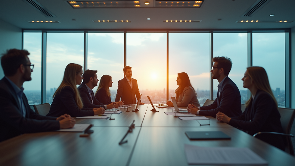 Eye-level view of a modern office meeting room with a team brainstorming