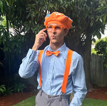 Blippi party character posing for photos at kids birthday celebration in Broward County Florida