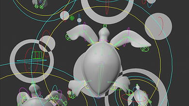 D turtle animation rig with control handles visible