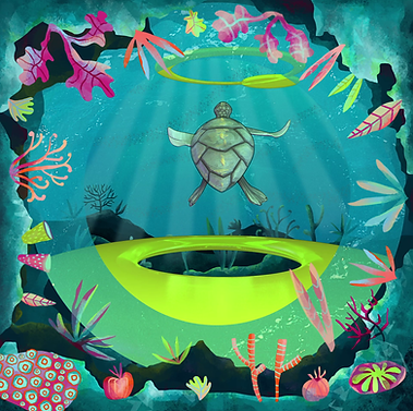 Hand-painted mixed media animation of a turtle gliding through a vibrant coral reef.