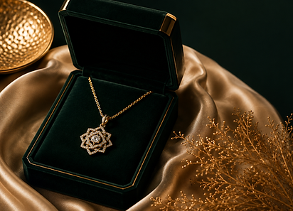 Gold pendant necklace displayed in a dark green velvet jewelry box by Ilha D’Ouro