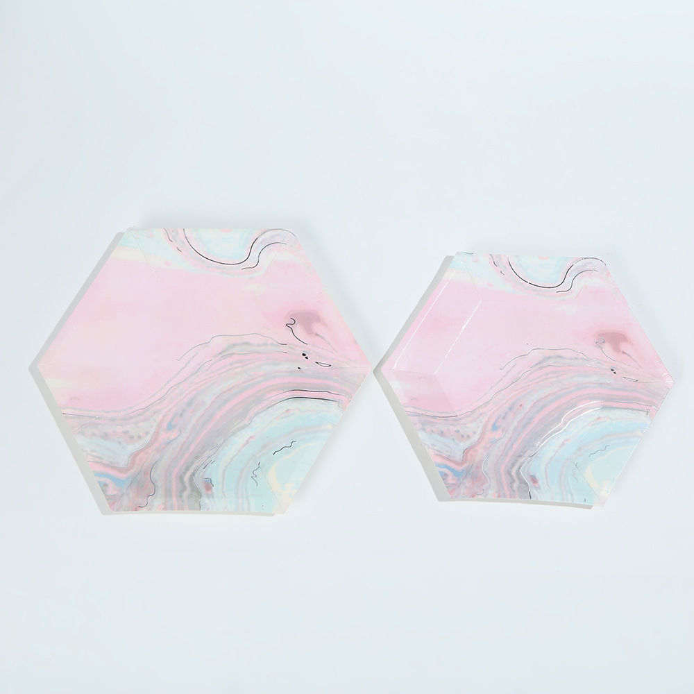 Hexagon Pastel Pink & Blue Marble Disposable Plates