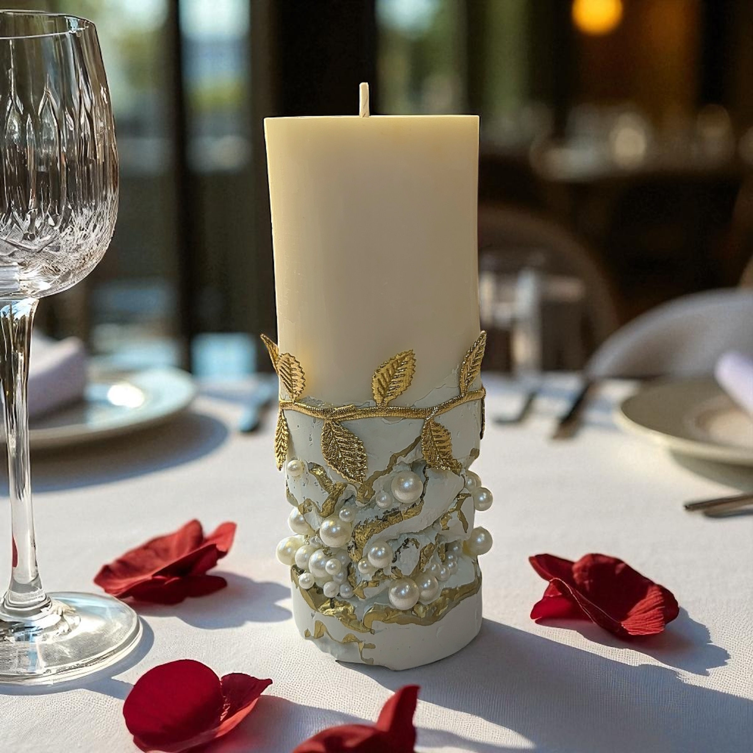 Golden Elegance” – Decorative Pillar Soy Candle