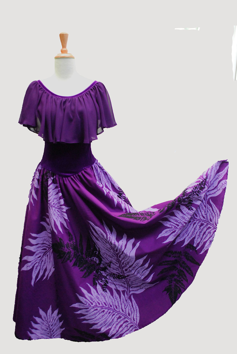 Thumbnail: 1827 Purple Velvet, Laua'e Print Skirt & Chiffon Capelet