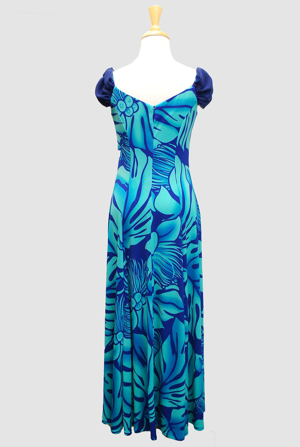 サムネイル： 1325 Blue Monstera/Lehua Print Spandex, Chiffon Cowl Neck