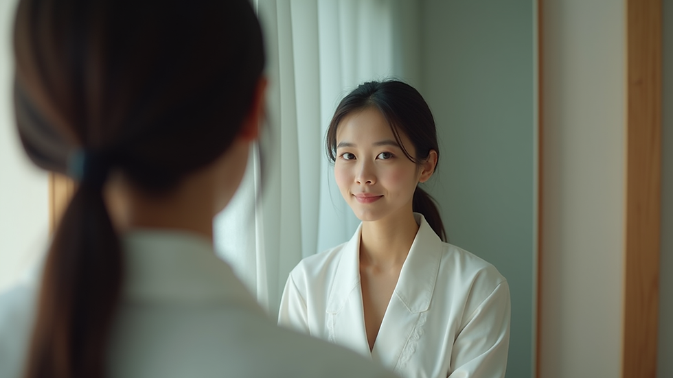 Eye-level view of a person checking their posture in front of a mirror