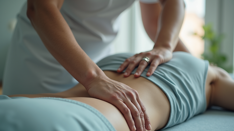 Close-up view of a therapist adjusting a patient's posture in a treatment room