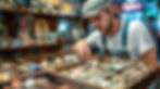 A rare coin collector carefully examining coins in a shop, highlighting the passion and attention to detail in investing in rare coins.
