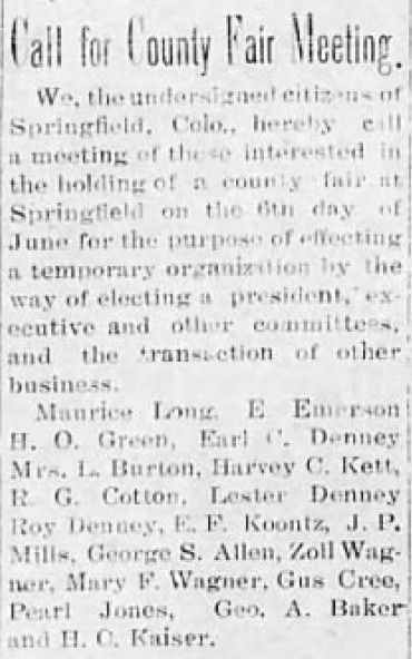 Above: First call for a County Fair Meeting published in the Springfield Herald on May 22nd, 1914.
