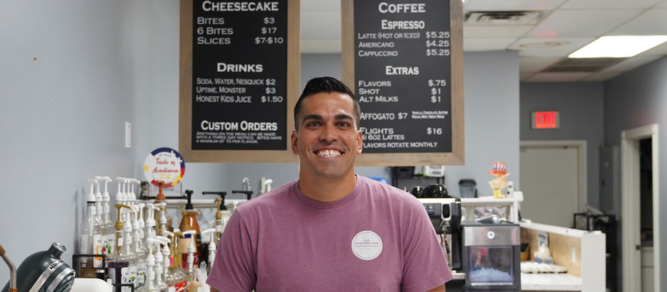 Seth Dahlen, owner of La Cheesecake Bakery, standing inside his bakery in Lafayette, Louisiana.