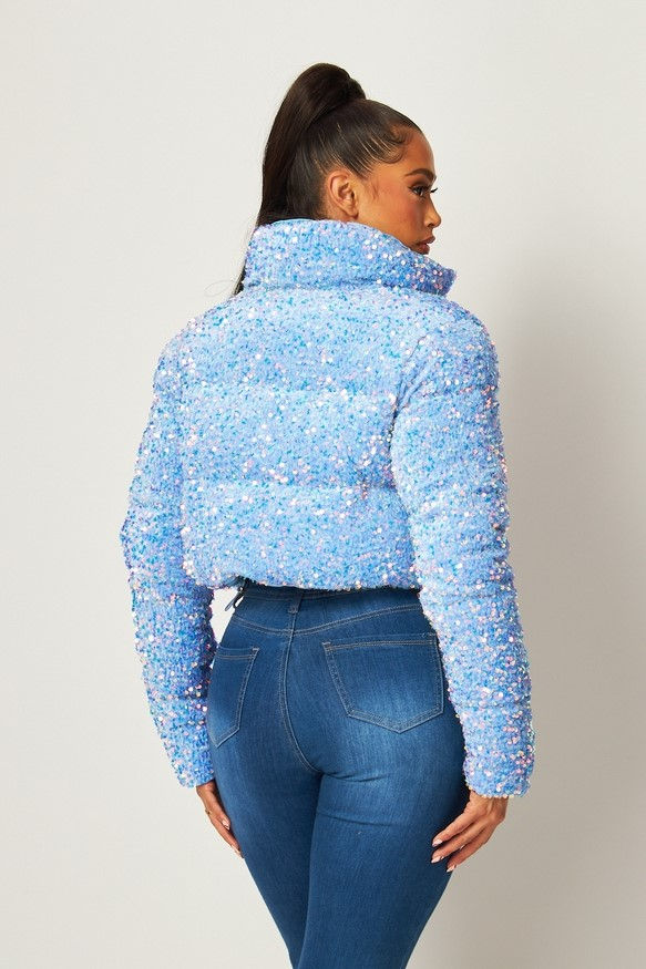 Thumbnail: Sequin Velvet Puffer Crop Jacket