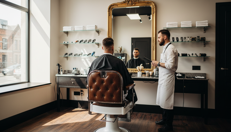 Wide-angle view of a finished haircut reflected in a barbershop mirror.