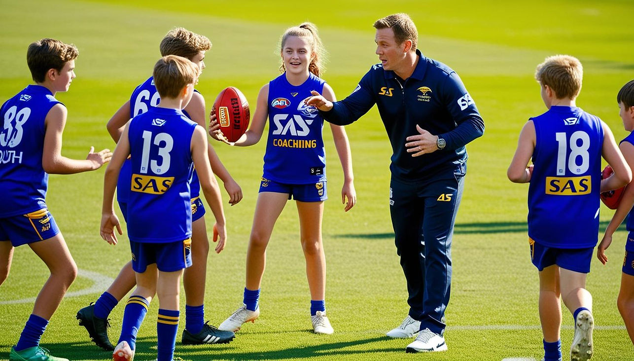 youth coaching AFLfootball - SAS Coaching jumper - image of coach and teen players with th