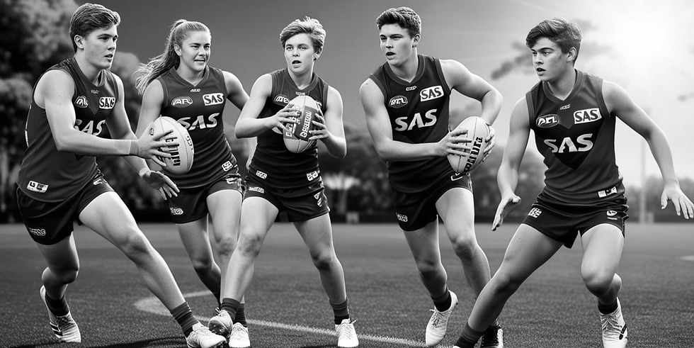 youth coaching AFLfootball - SAS Coaching jumper - image of 4 teen players male and female