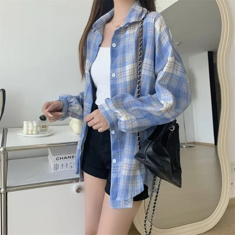 Thumbnail: Plaid Shirt Women Fashion Autumn Long Sleeve Top Female Vintage Single Breasted 