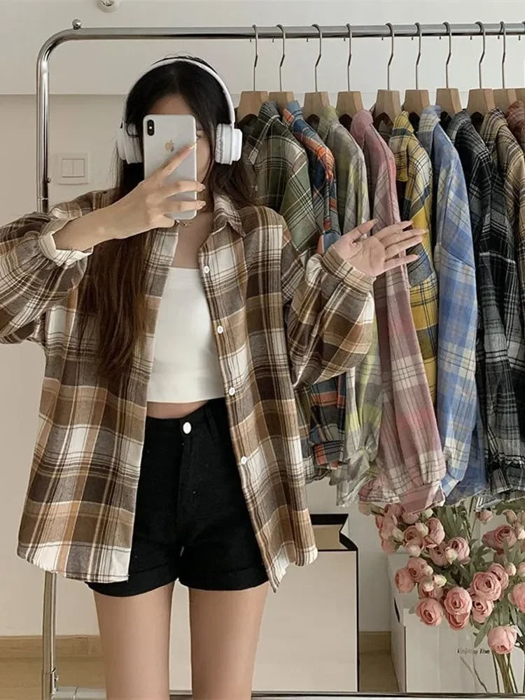 Plaid Shirt Women Fashion Autumn Long Sleeve Top Female Vintage Single Breasted