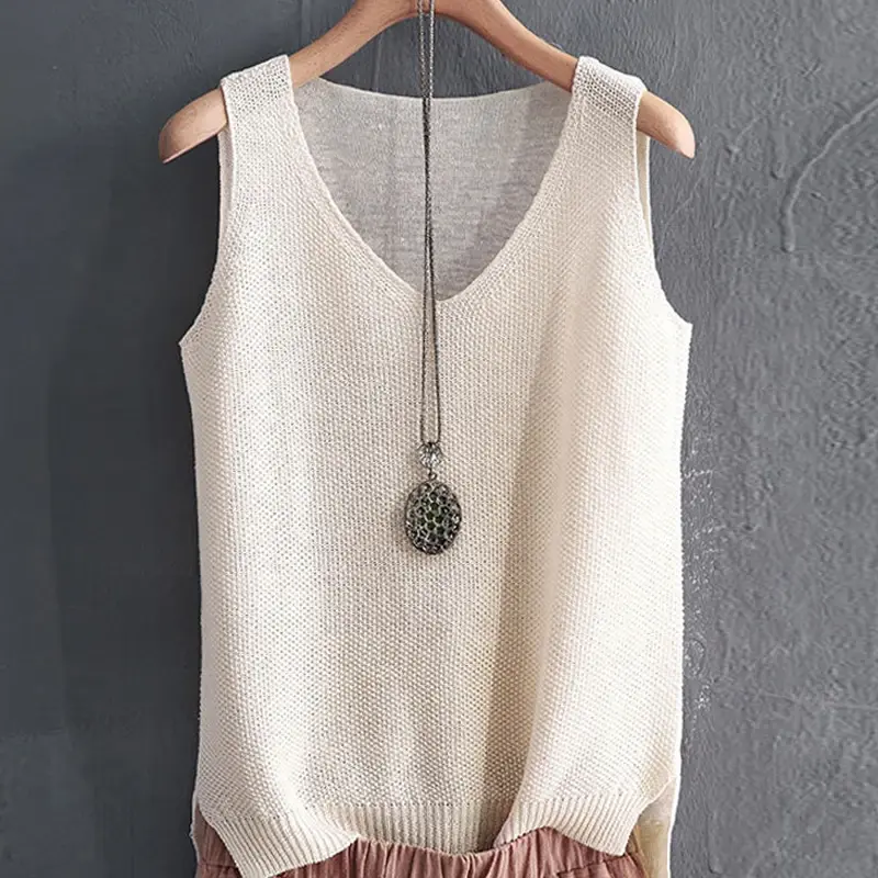 Thumbnail: Fashion Woman Blouses 2024 V-neck Knitted Blouse Shirt Women Clothes Sleeveless
