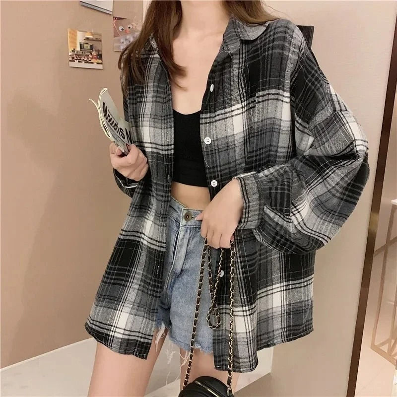 Thumbnail: Plaid Shirt Women Fashion Autumn Long Sleeve Top Female Vintage Single Breasted 