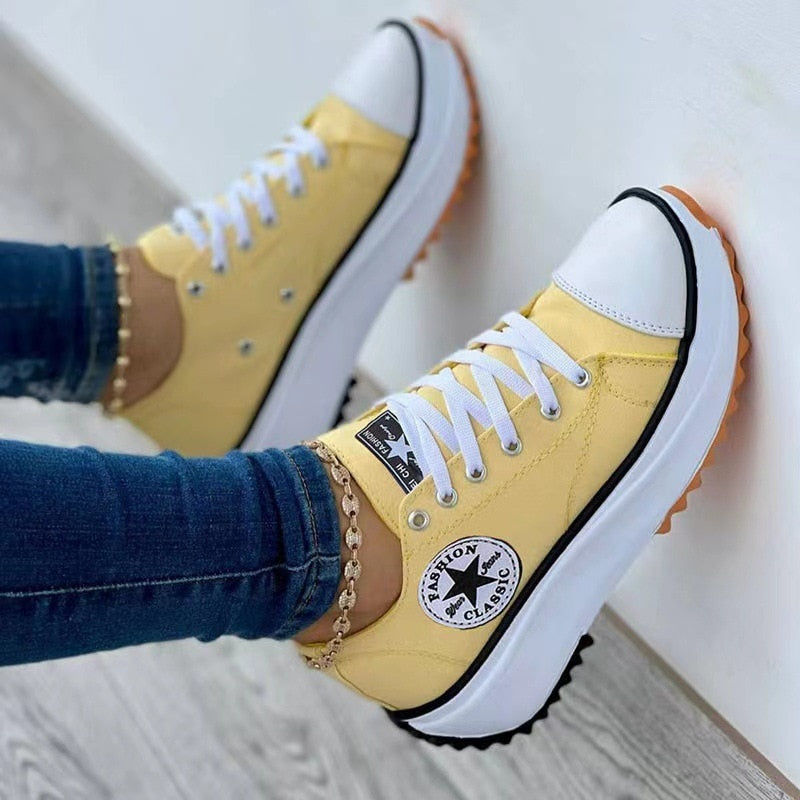 Thumbnail: Flat Lace-Up Sneakers Pattern Canvas Casual Women Sport Shoes