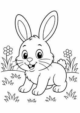 Kaninchen Cartoon Ausmalbild auf einer Wiese im einfachen schwarz-weiß Stil zum Ausdrucken