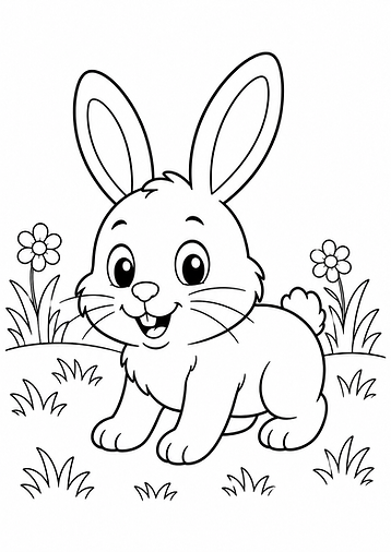 Kaninchen Cartoon Ausmalbild auf einer Wiese im einfachen schwarz-weiß Stil zum Ausdrucken