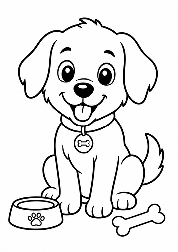Schwarz-weißes Ausmalbild eines niedlichen Cartoon-Hundes mit klaren Linien und großen Flächen, ideal für Kinder zum Ausdrucken