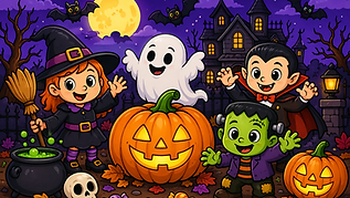 Buntes Halloween Ausmalbild mit Kürbissen, Geistern, Hexe und gruseliger Nachtlandschaft
