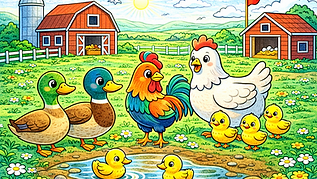Buntes Ausmalbild im Cartoon-Stil mit dicken Linien von einem Hahn, einer Henne mit Küken und mehreren Enten auf einem Bauernhof mit Teich und Scheune