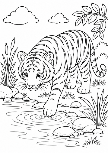 Tiger am Wasser Ausmalbild mit Streifen und Naturkulisse