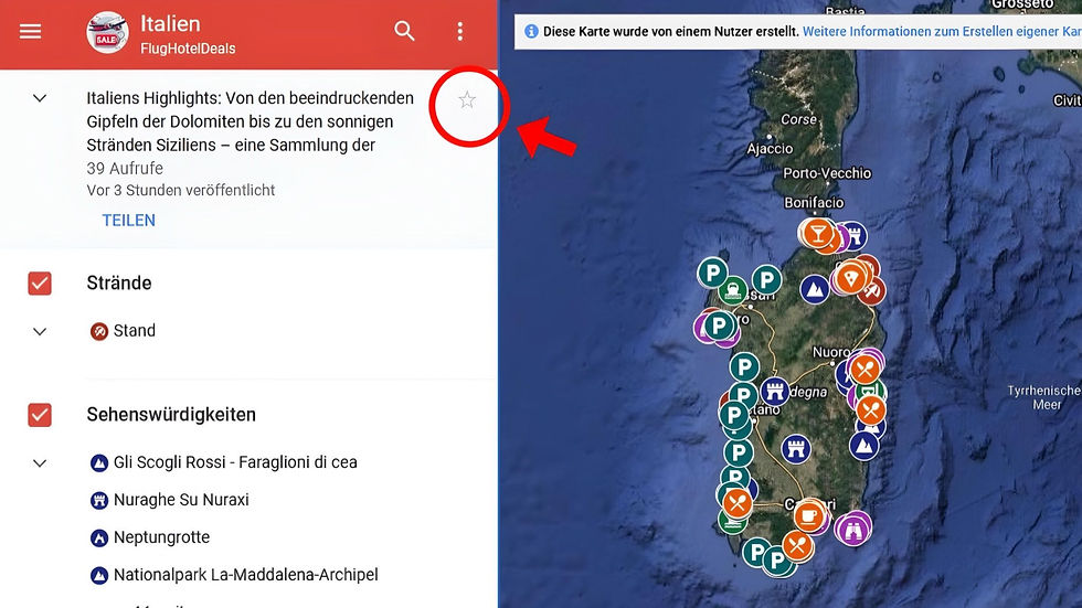 Eine Google MyMaps Karte mit einer Makierung wo sich der Abspeichern Button befindet