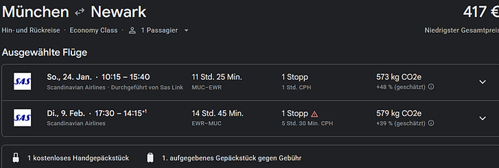 Screenshot aus Google Flüge von Flügen aus München nach New York