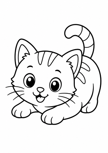 Süße Katze Ausmalbild im Cartoon-Stil in verspielter Position kostenlos zum Ausdrucken für Kinder