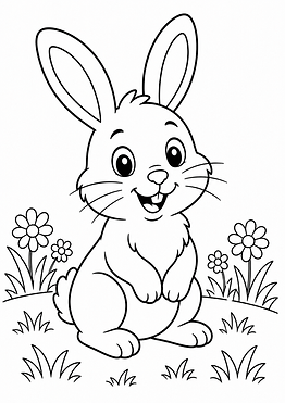 Süßer Hase auf einer Wiese als einfaches Cartoon-Ausmalbild zum Ausdrucken