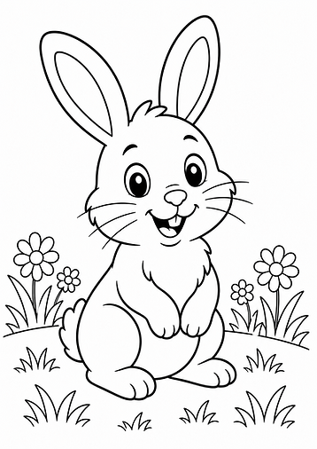 Süßer Hase auf einer Wiese als einfaches Cartoon-Ausmalbild zum Ausdrucken