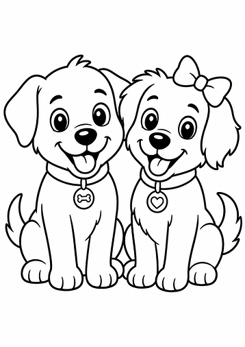 Schwarz-weißes Ausmalbild von zwei süßen Cartoon-Hunden mit großen Augen und dicken Konturen, nebeneinander sitzend auf weißem Hintergrund