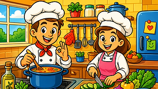 Buntes Koch und Küche Ausmalbild für Kinder im Cartoon Stil mit Köchen, Küche, Gemüse und Kochen am Herd