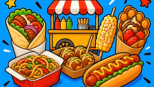 Buntes Street Food Ausmalbild für Kinder im Cartoon Stil mit Foodtruck, Wraps, Nudeln, Maiskolben und Hotdog