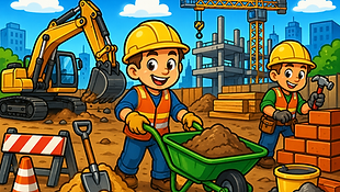 Buntes Baustelle und Handwerker Ausmalbild für Kinder im Cartoon Stil mit Bauarbeitern, Bagger, Kran und Werkzeugen