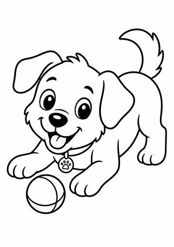 Schwarz-weißes Ausmalbild eines spielenden Cartoon-Hundes mit dicken Linien und großen Flächen, ideal für Kinder