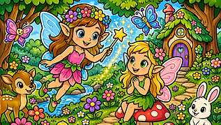 Buntes Feen und Elfen Ausmalbild mit magischem Wald, Blumen und zauberhaften Wesen