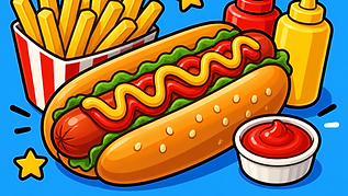Buntes Hotdog Ausmalbild für Kinder im Cartoon Stil mit Hotdog, Pommes, Ketchup, Senf und Dip