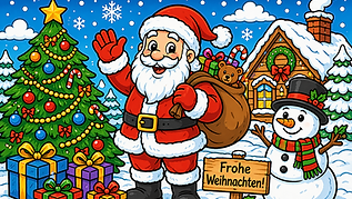 Buntes Weihnachten Ausmalbild mit Weihnachtsmann, Geschenken, Tannenbaum und Schneemann
