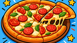Buntes Pizza Ausmalbild für Kinder im Cartoon Stil mit ganzer Pizza, Käse, Salami und einem Stück zum Herausziehen