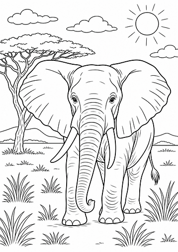Afrikanischer Elefant Ausmalbild mit großen Ohren in der Savanne
