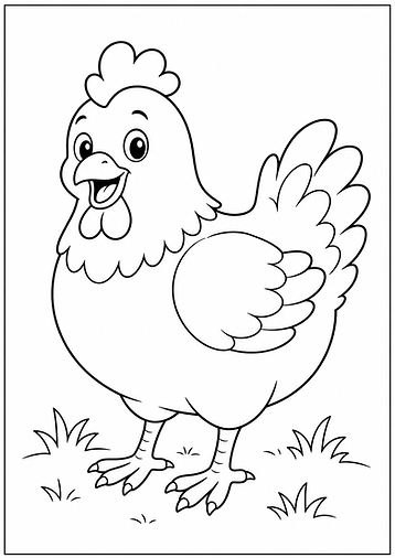 Huhn Ausmalbild im einfachen Cartoon-Stil mit klaren schwarzen Linien zum Ausdrucken für Kinder