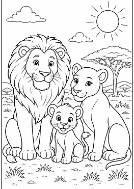 Löwenfamilie Ausmalbild mit Löwe Löwin und Löwenbaby zum Ausdrucken