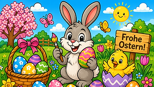Buntes Ostern Ausmalbild mit Osterhase, Ostereiern, Küken und Frühlingslandschaft