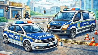 Buntes Ausmalbild im Cartoon-Stil mit dicken Linien von einem Polizeiauto und einem Polizei-Einsatzfahrzeug in einer Stadt